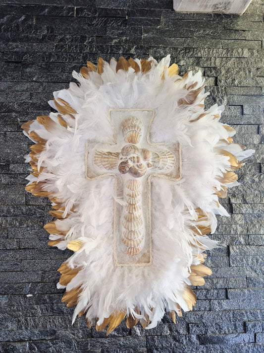 Décoration murale Grande Croix Balinaise blanc et doré 65x55cm