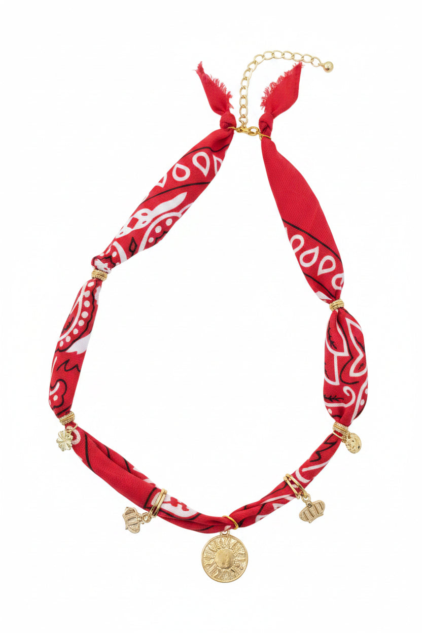 Collier bandana rouge charms "Wild & Free"